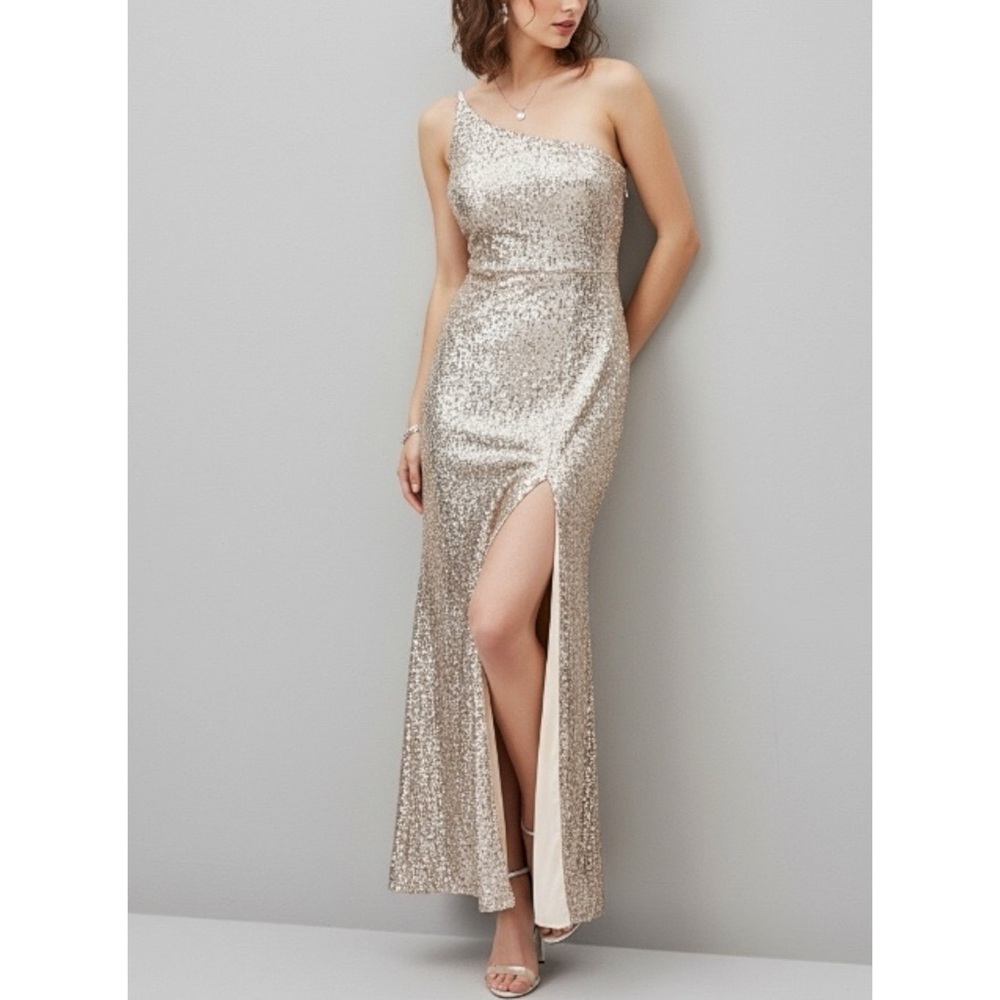 BHLDN Caspian One Shoulder Sequin Gown, Silver, 6 (US)